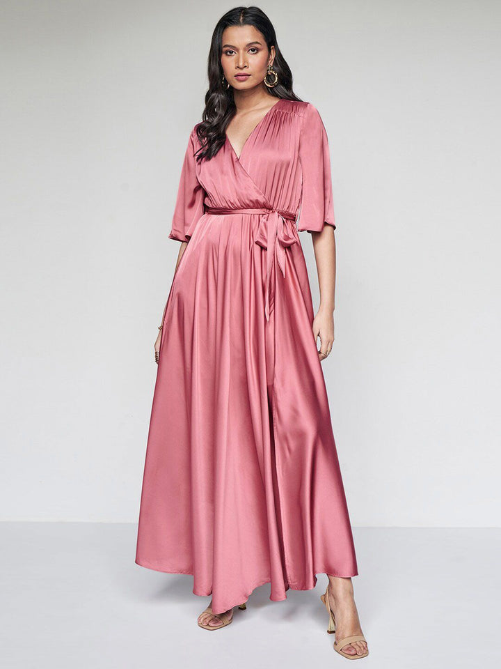 AND Flared Sleeves Belted Pleated Midi Wrap Dress