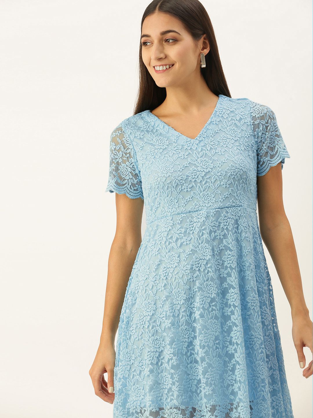 AND Women Blue Lace Inserts A-Line Dress