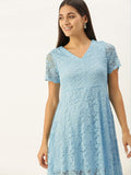 AND Women Blue Lace Inserts A-Line Dress