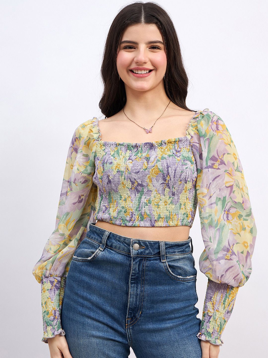 Berrylush Floral Print Bishop Sleeves Georgette Crop Top