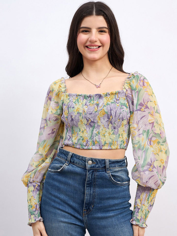 Berrylush Floral Print Bishop Sleeves Georgette Crop Top