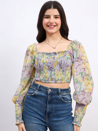 Berrylush Floral Print Bishop Sleeves Georgette Crop Top
