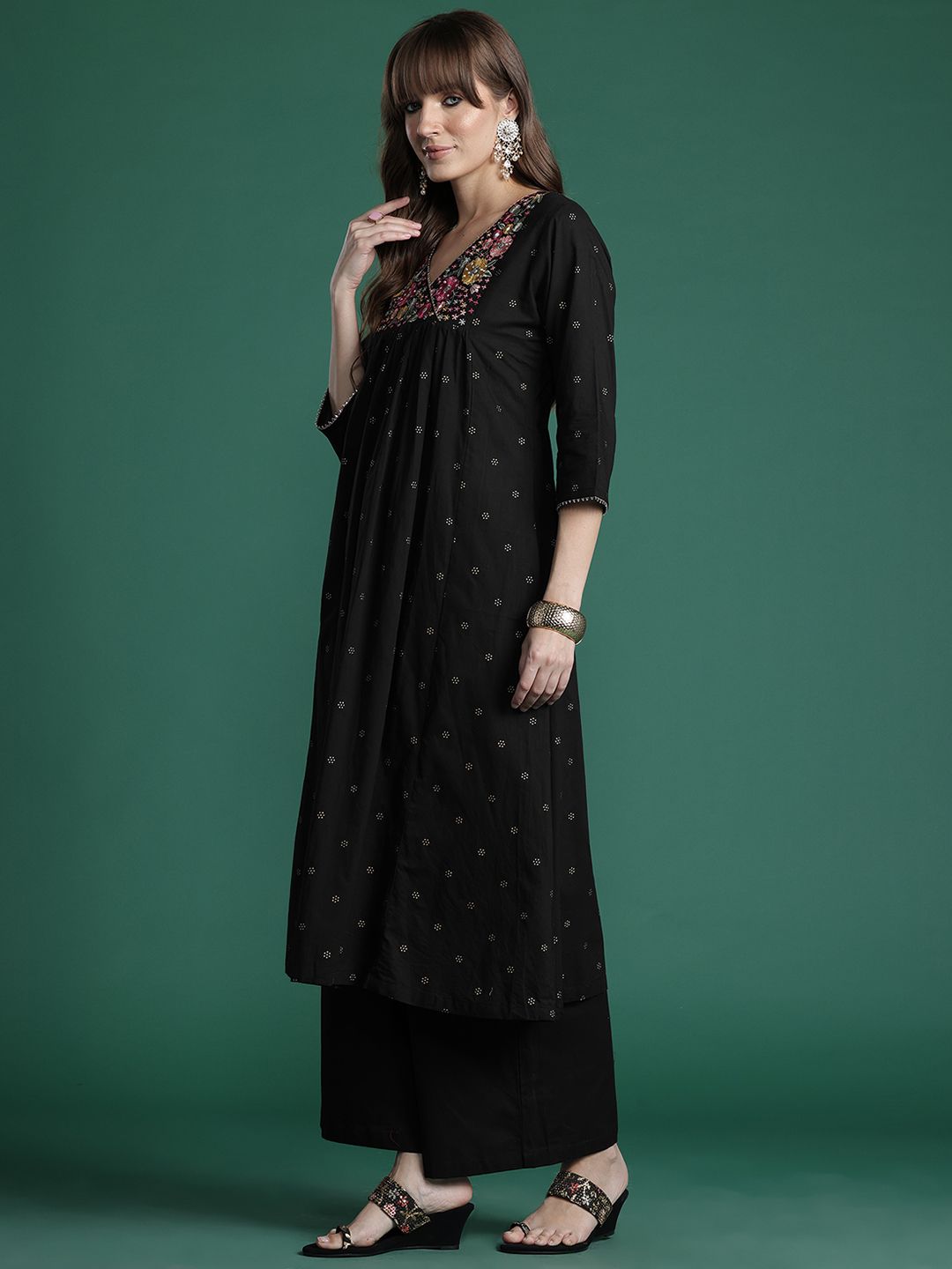 Indo Era Floral Embroidered Empire Thread Work Pure Cotton Kurta with Palazzos