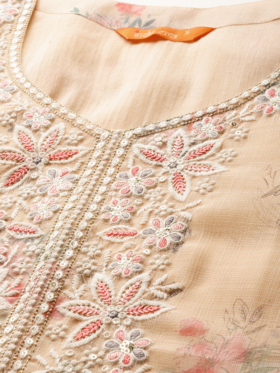 Indo Era Floral Embroidered Sequinned Linen Kurta with Trousers & With Dupatta