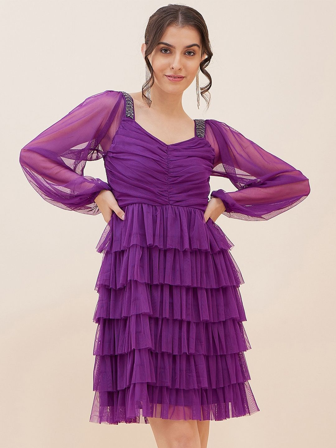 Antheaa Puff Sleeve Layered Net Fit & Flare Dress