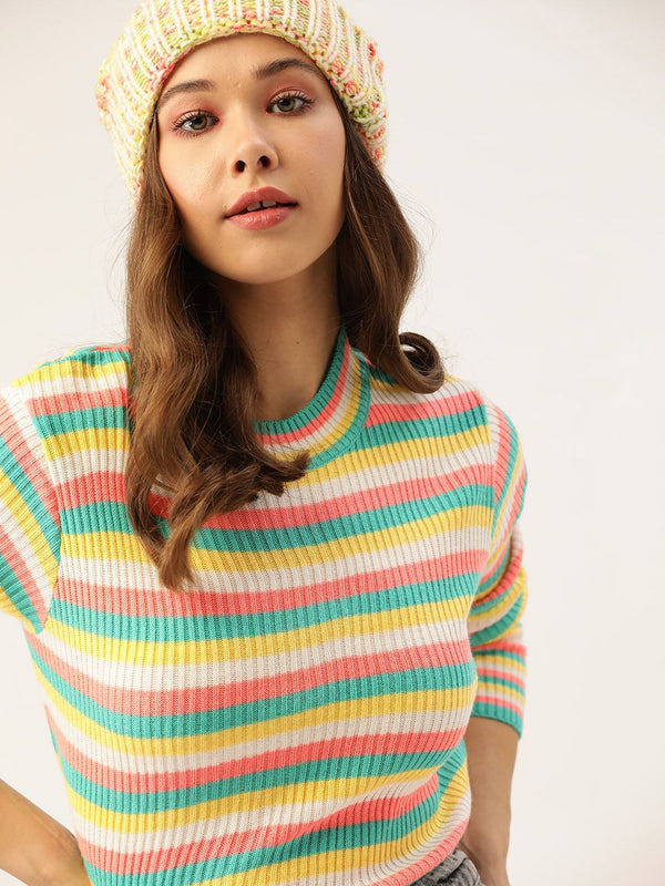 Wanita pakaian berwarna kuning & hijau bergaris pullover