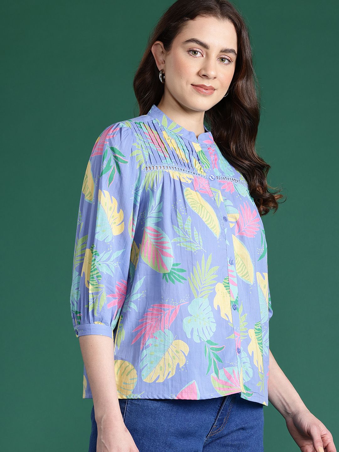 Dressberry dicetak Mandarin Colar Cotton Shirt Style Top
