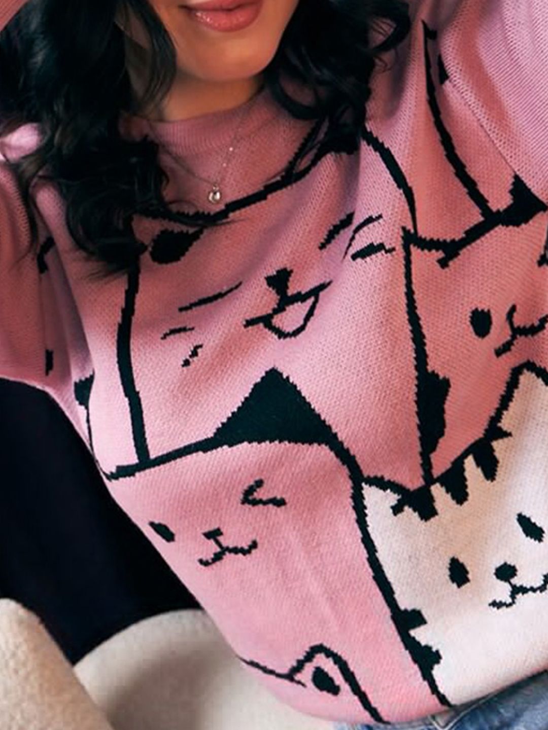 Berrylush Pink Graphic Printed Acrylic Pullover