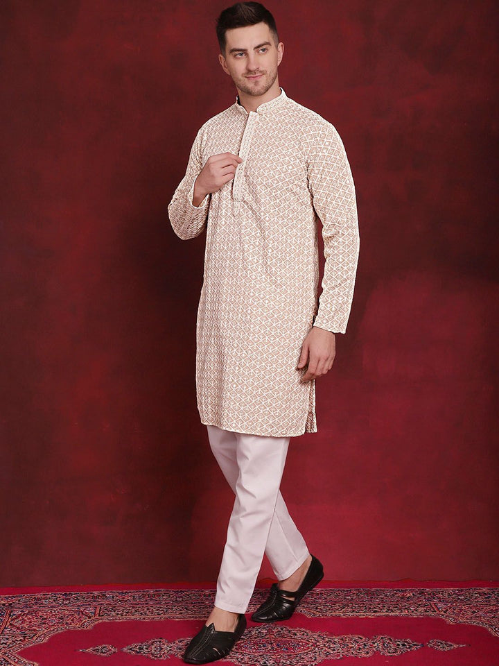 Jompers Geometric Self Design Thread Work Pure Cotton Kurta With Pyjamas