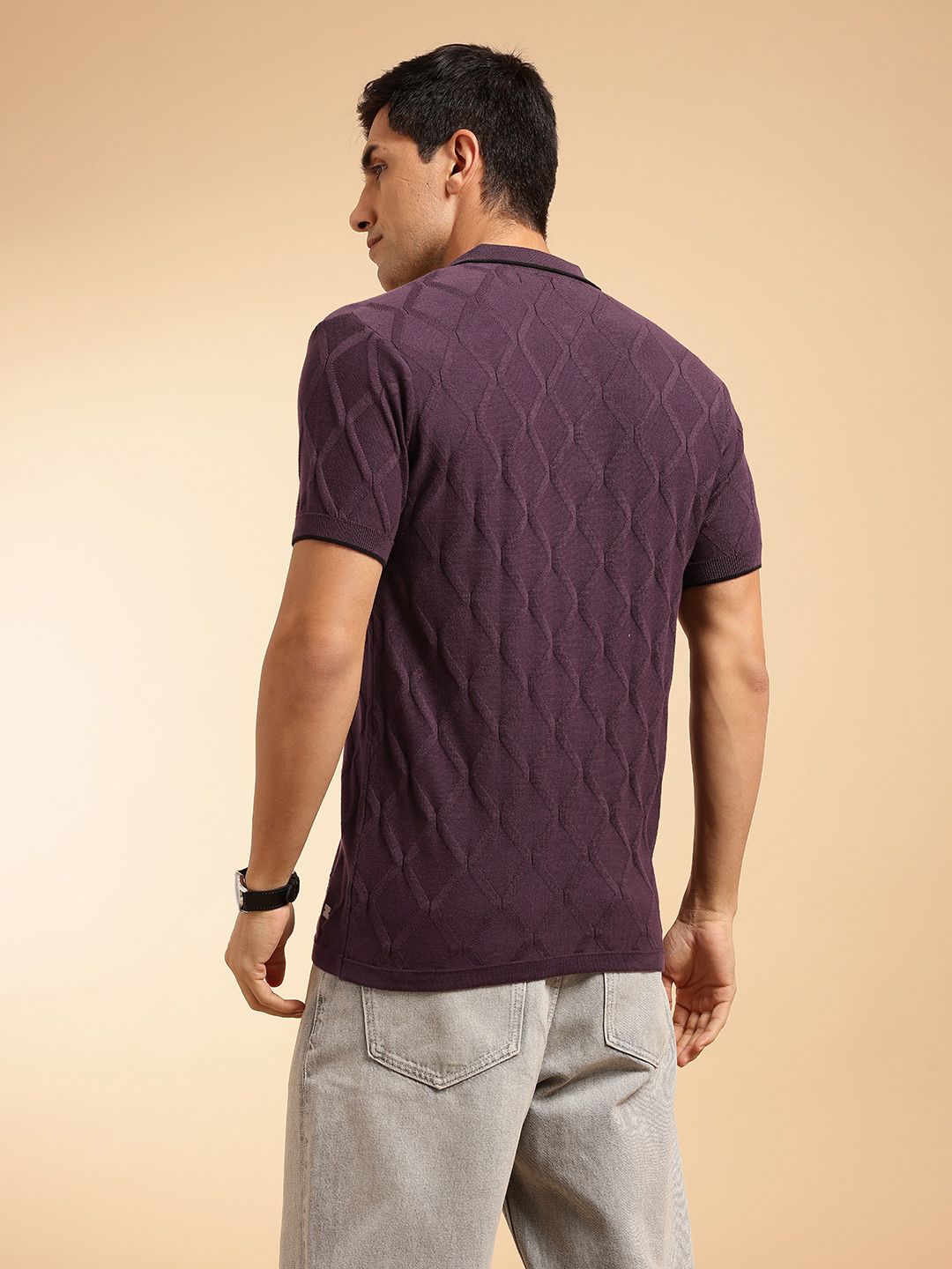 French Connection Pure Cotton Self Geometric Polo Collar Knit T-shirt