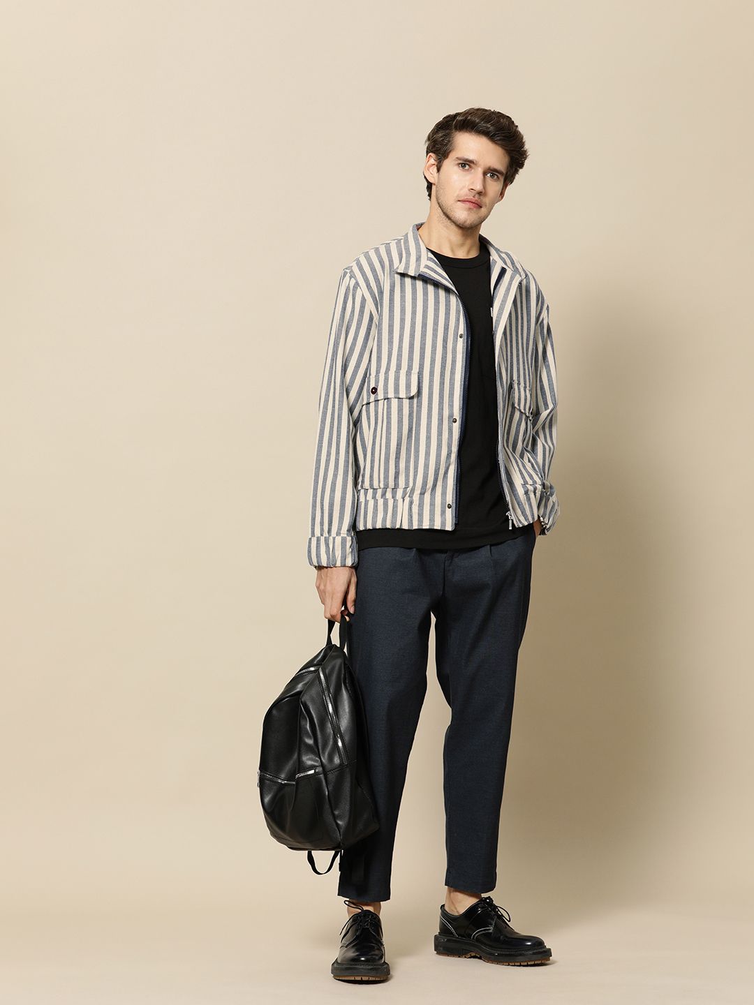 Mr Bowerbird Men Off White Navy Blue Striped Tailored Jacket