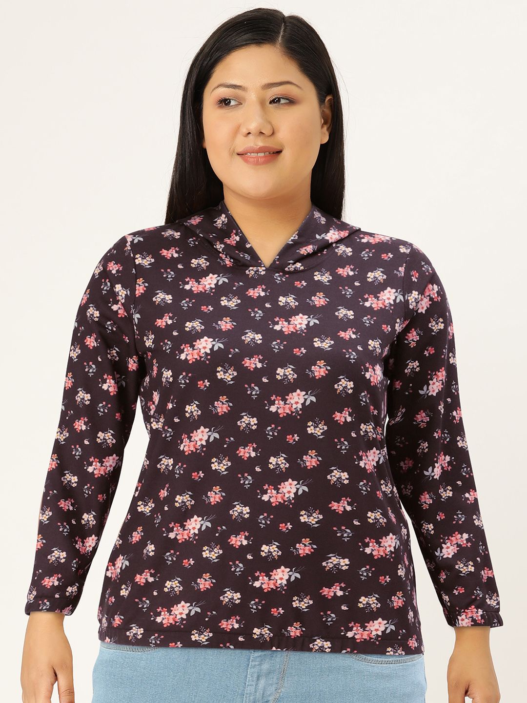 AND Women Black & Peach Floral Print T-Shirt