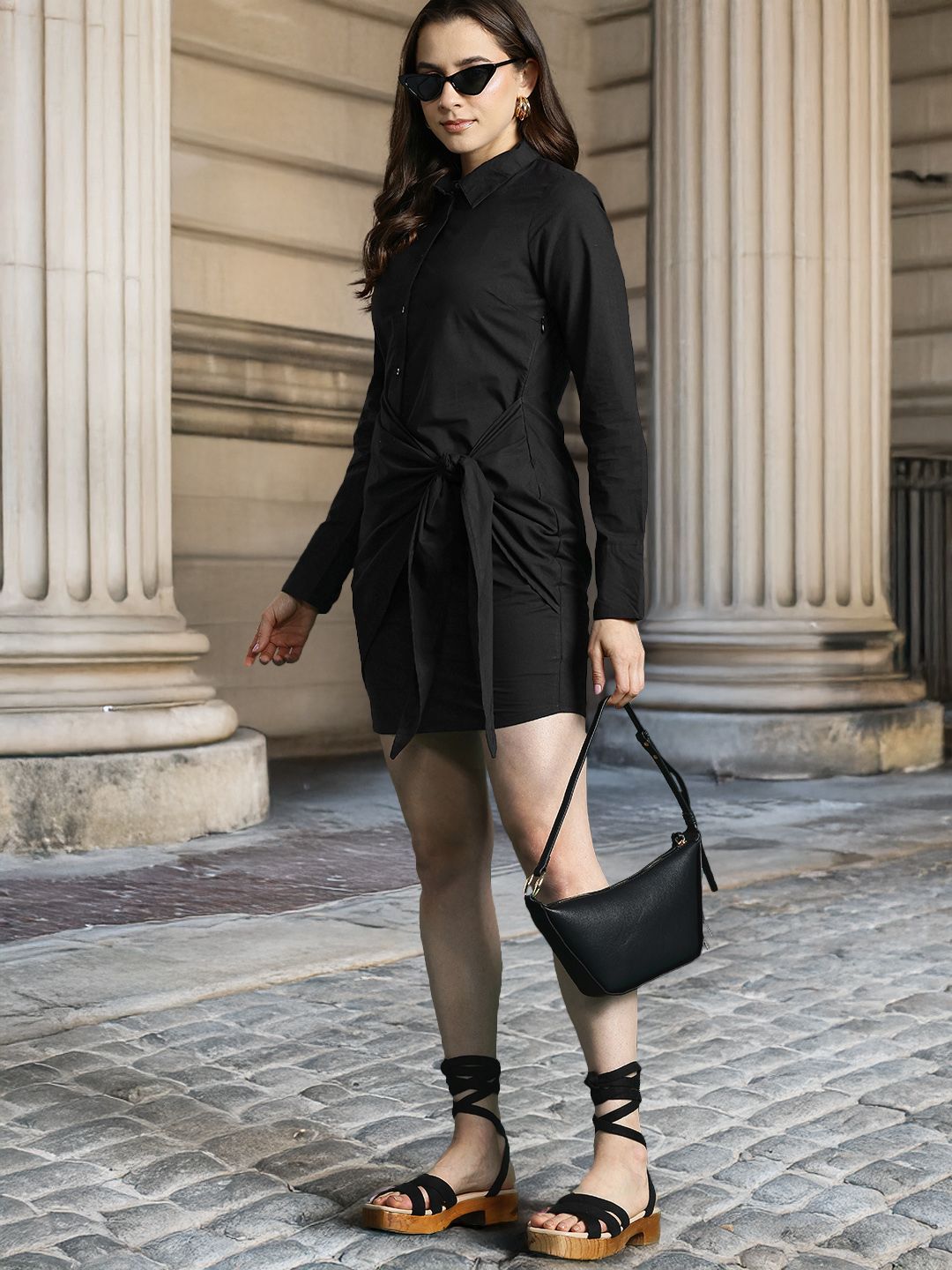 DressBerry Pure Cotton Wrap Tie-Up Shirt Mini Dress