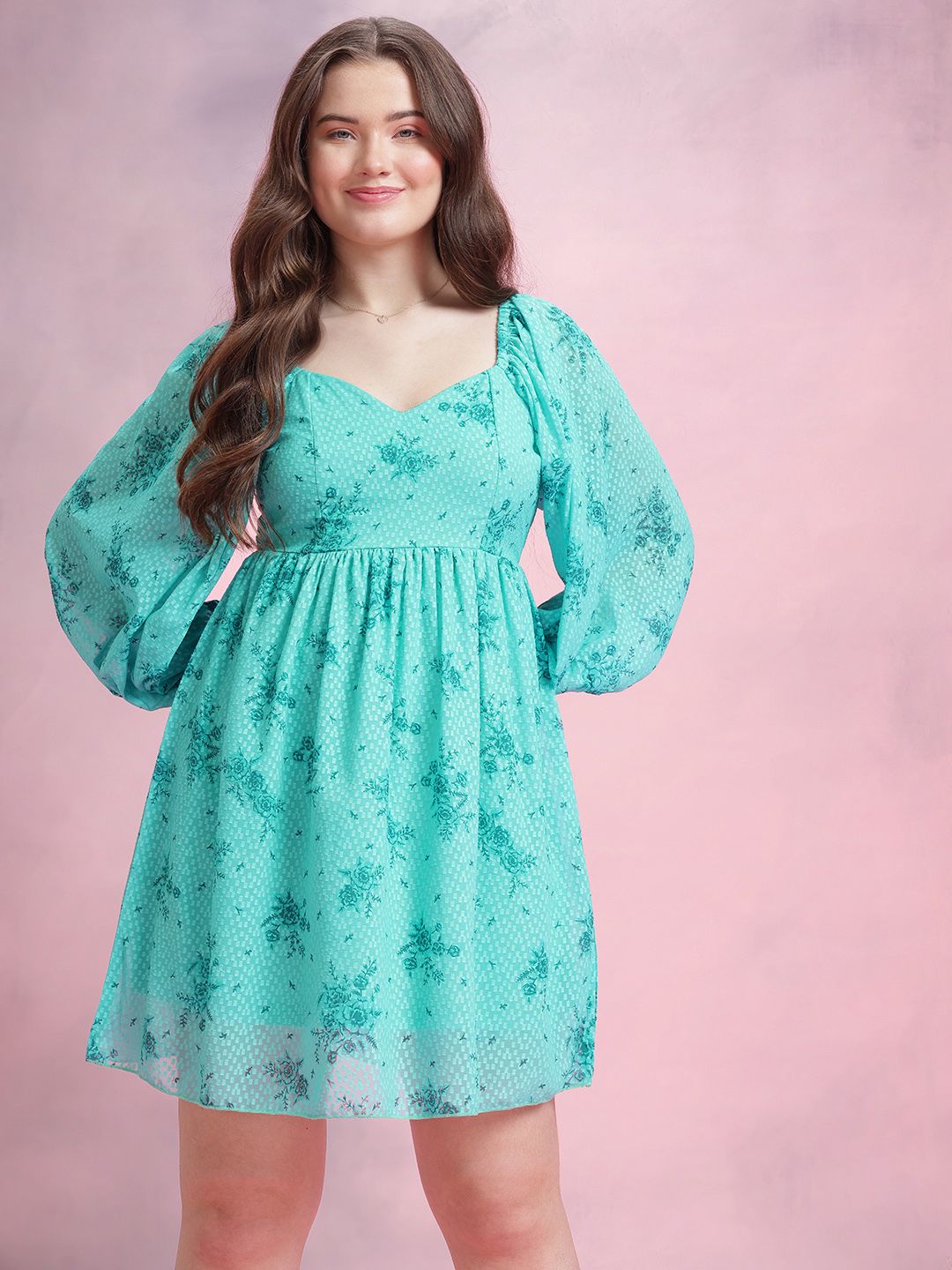DressBerry Floral Print Puff Sleeve Fit & Flare Dress
