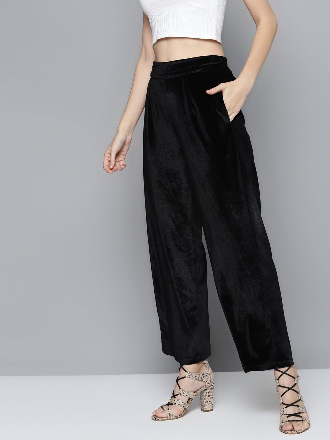 SASSAFRAS Women Black High-Rise Velvet Trousers