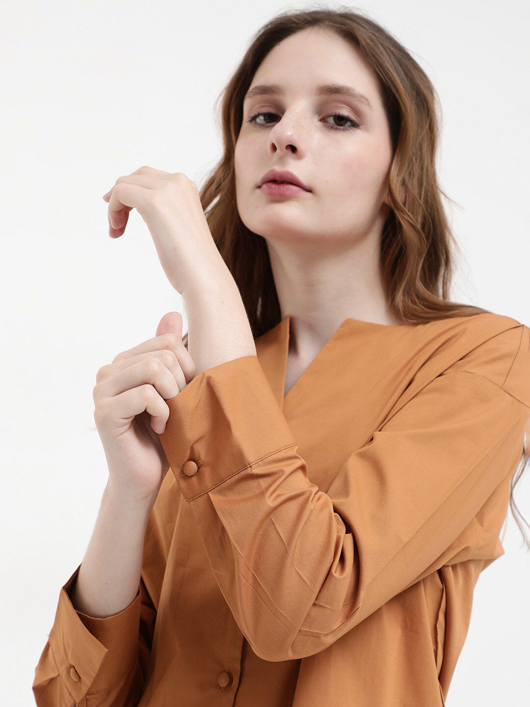 RAREISM Cotton Notched Neck Cuffed Sleeves Styled Back Casual Top