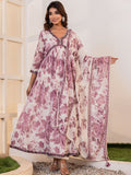 Vishudh White Floral Printed V-Neck Thread Work Pure Cotton Kurta with Trousers & Dupatta