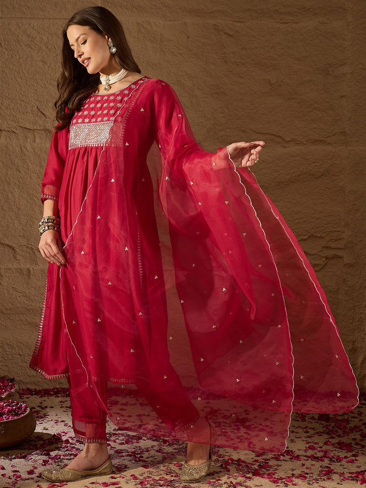 KALINI Floral Yoke Design Regular Sequinned Kurta with Trousers & With Dupatta