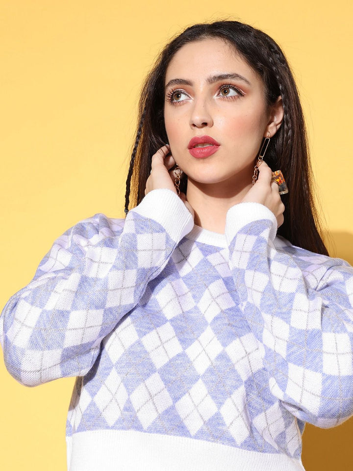 Berrylush Women White Argyle Knits Bits Sweater