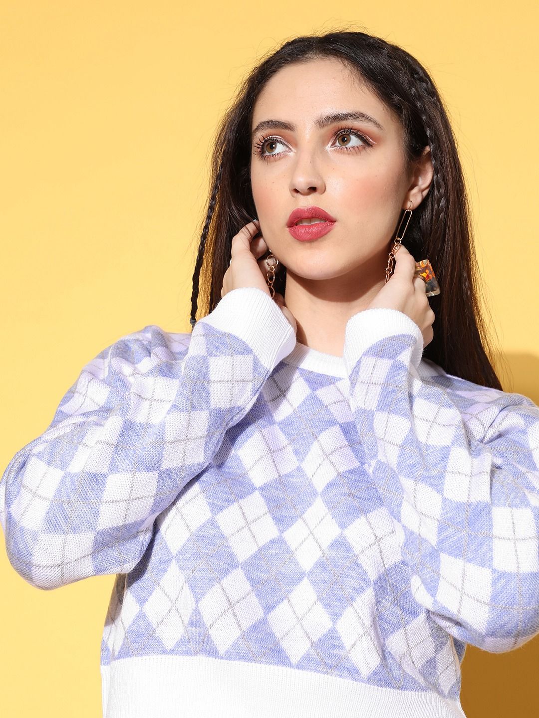 Berrylush Women White Argyle Knits Bits Sweater