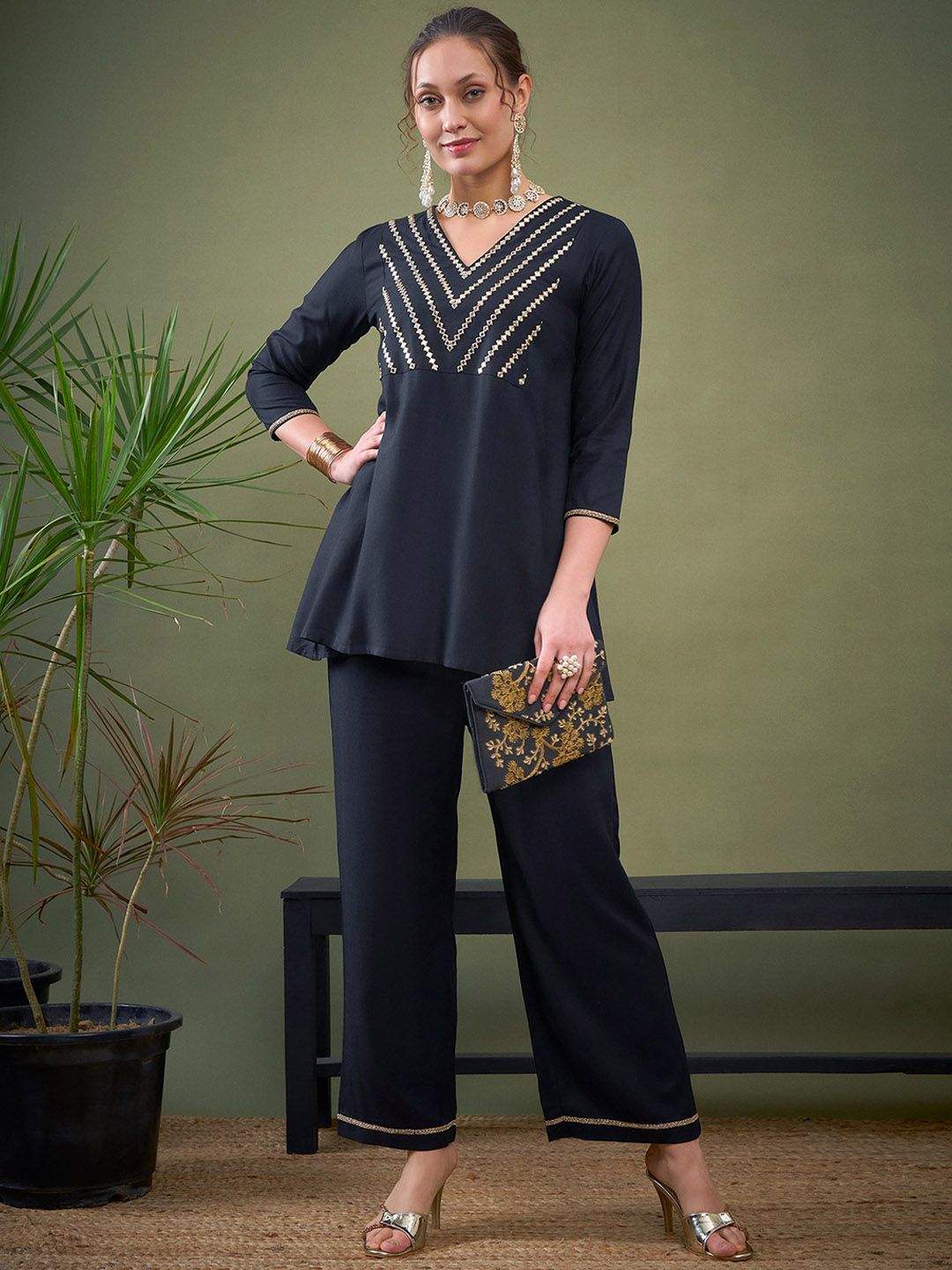 Shae by SASSAFRAS Black Embroidered Ethnic Top With Palazzos