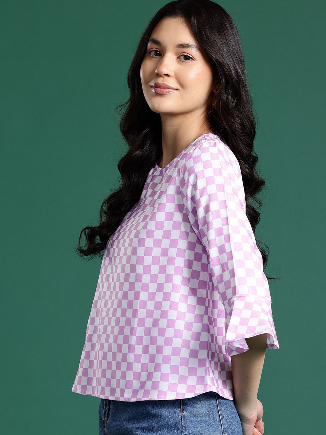 DressBerry Checked Bell Sleeves Back Tie-Up Top