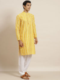 SOJANYA Lelaki Motif Etnik Kuning & Putih Sulam Kurta Churidar & Jaket