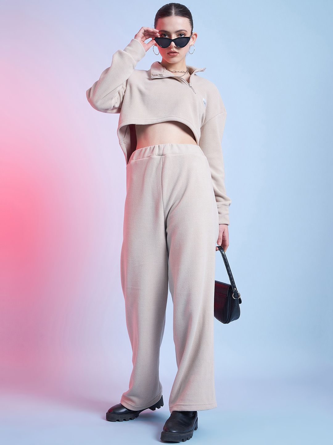 STREET 9 Beige Mock Collar Crop Sweatshirt