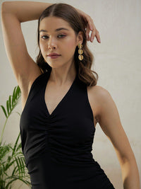 Berrylush Black Halter Neck Ruched Bodycon Mini Dress
