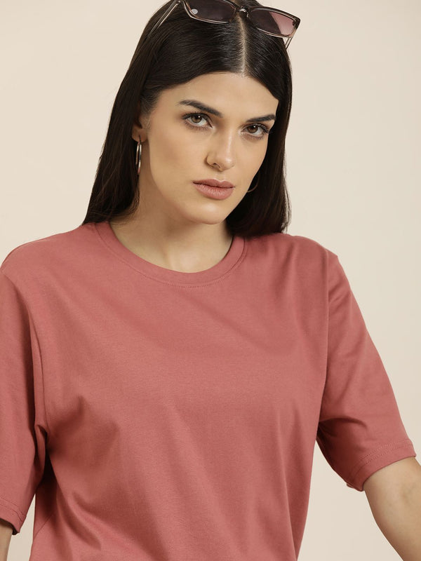 DILLINGER Women Dusty Pink Solid Pure Cotton Oversized T-shirt