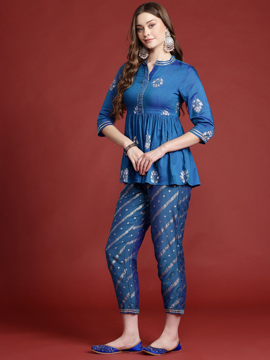 Anouk Pleated Foil Print Gotta Patti Kurta with Trousers