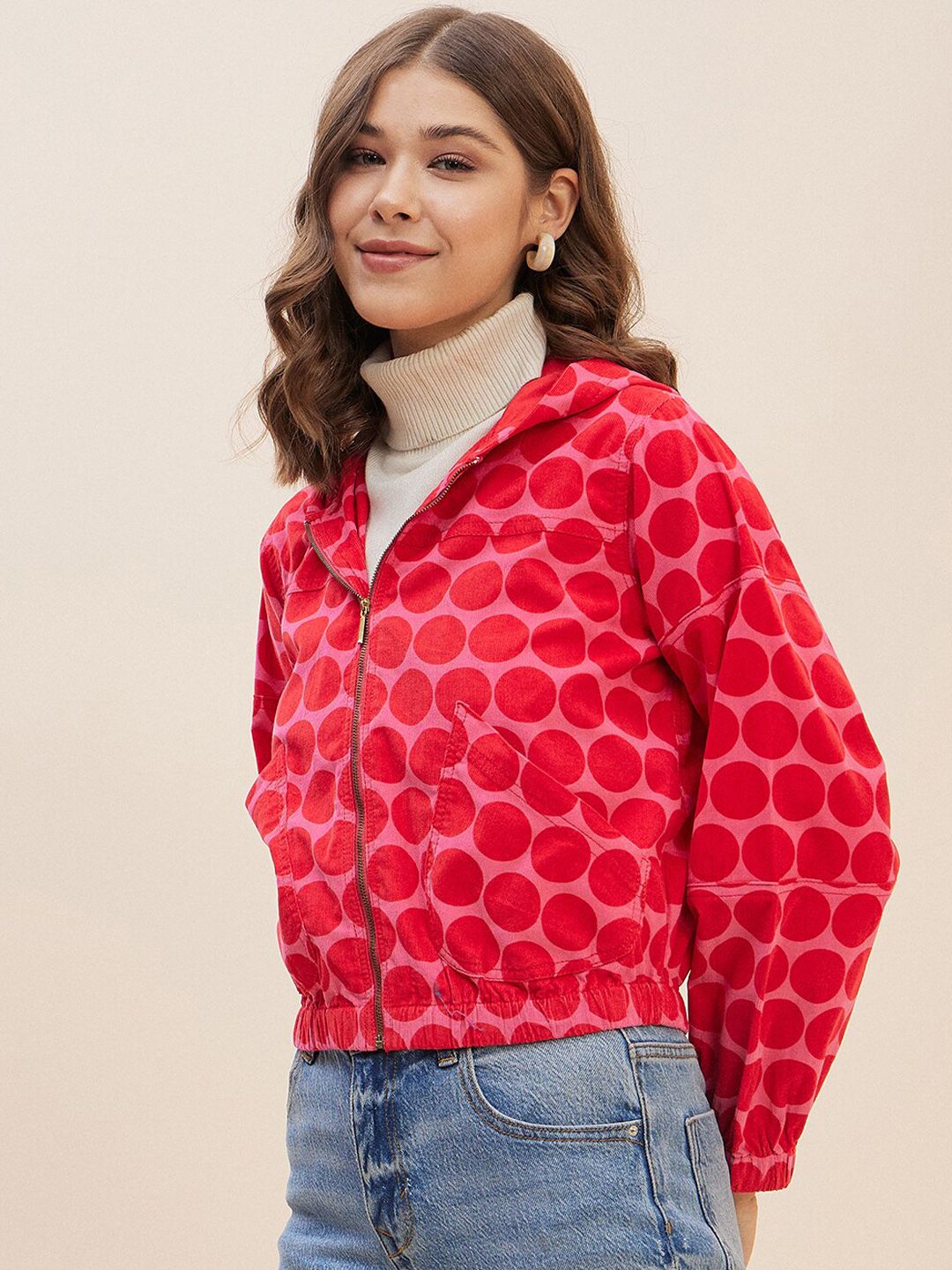 Antheaa Pink Geometric Printed Hooded Neck Corduroy Crop Bomber Jacket