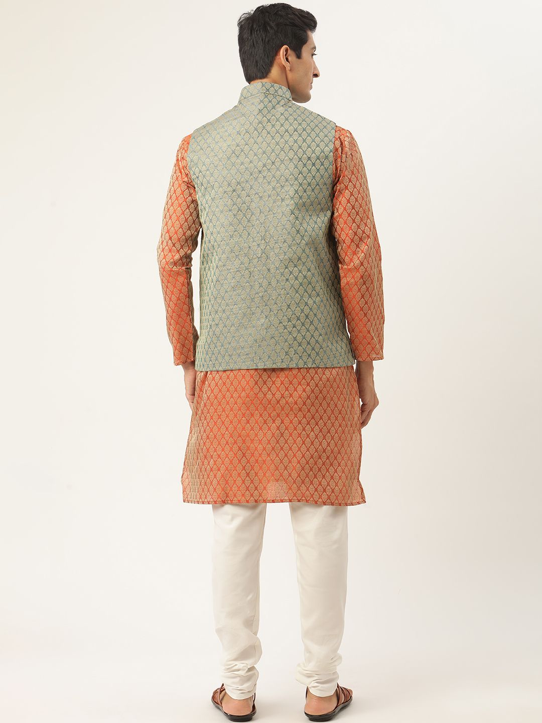 SOJANYA Men Orange Ethnic Motifs Jacquard Silk Kurta with Churidar & Nehru Jacket