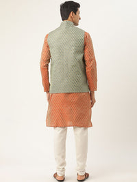 SOJANYA Men Orange Ethnic Motifs Jacquard Silk Kurta with Churidar & Nehru Jacket