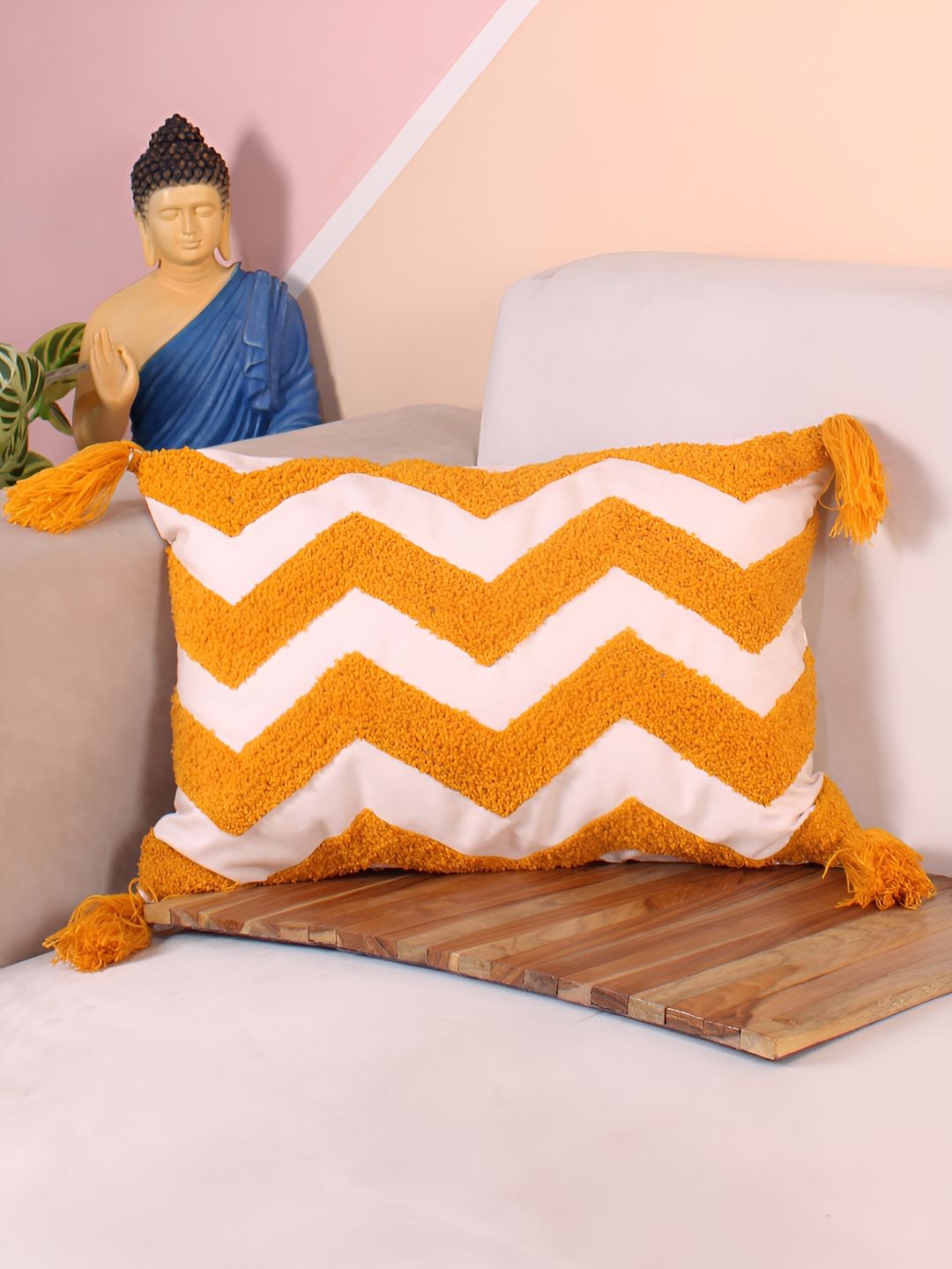 STITCHNEST White & Yellow Embroidered Rectangle Cushion Cover