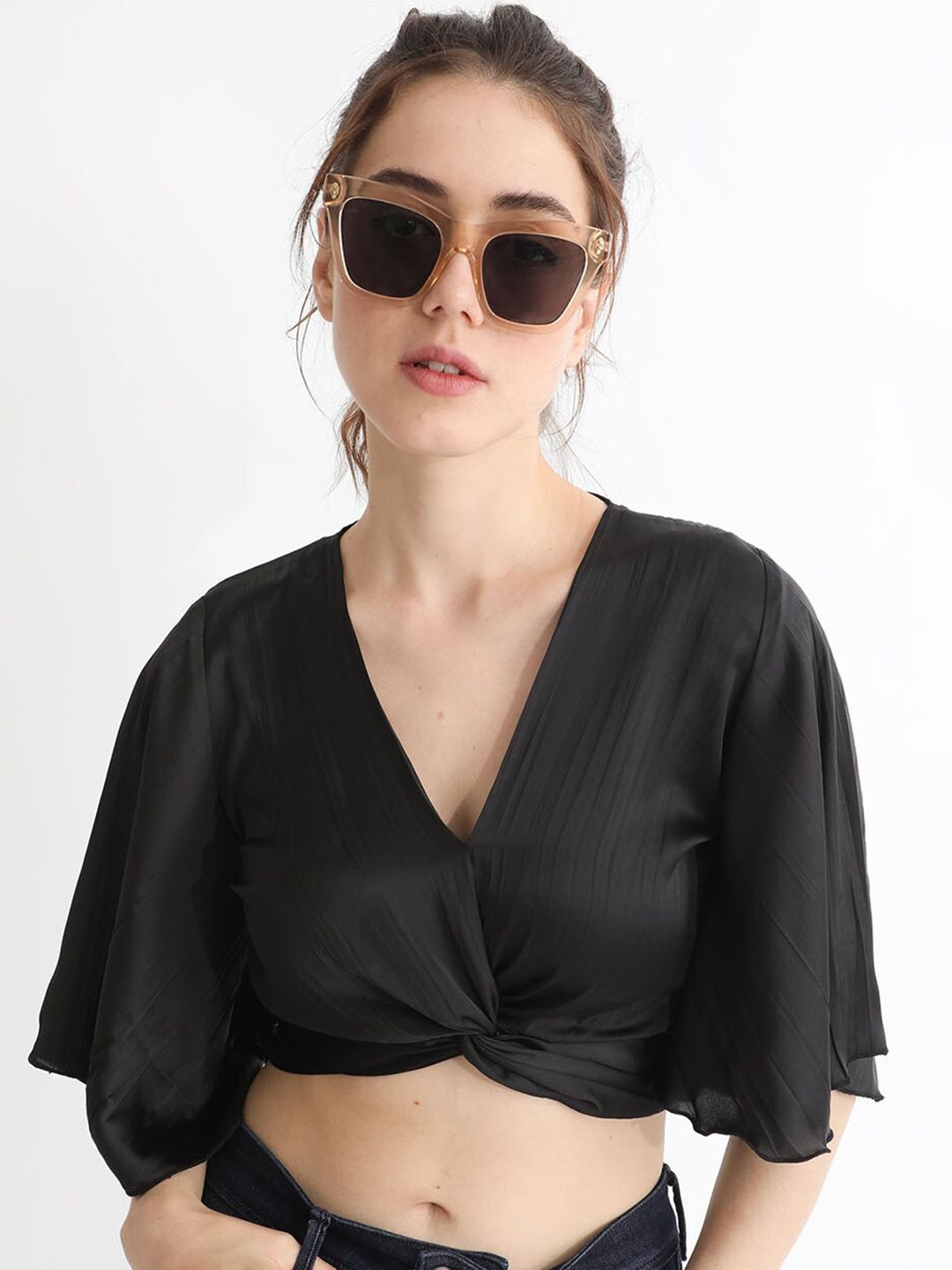 RAREISM V-Neck Flared Sleeve Cotton Crop Top