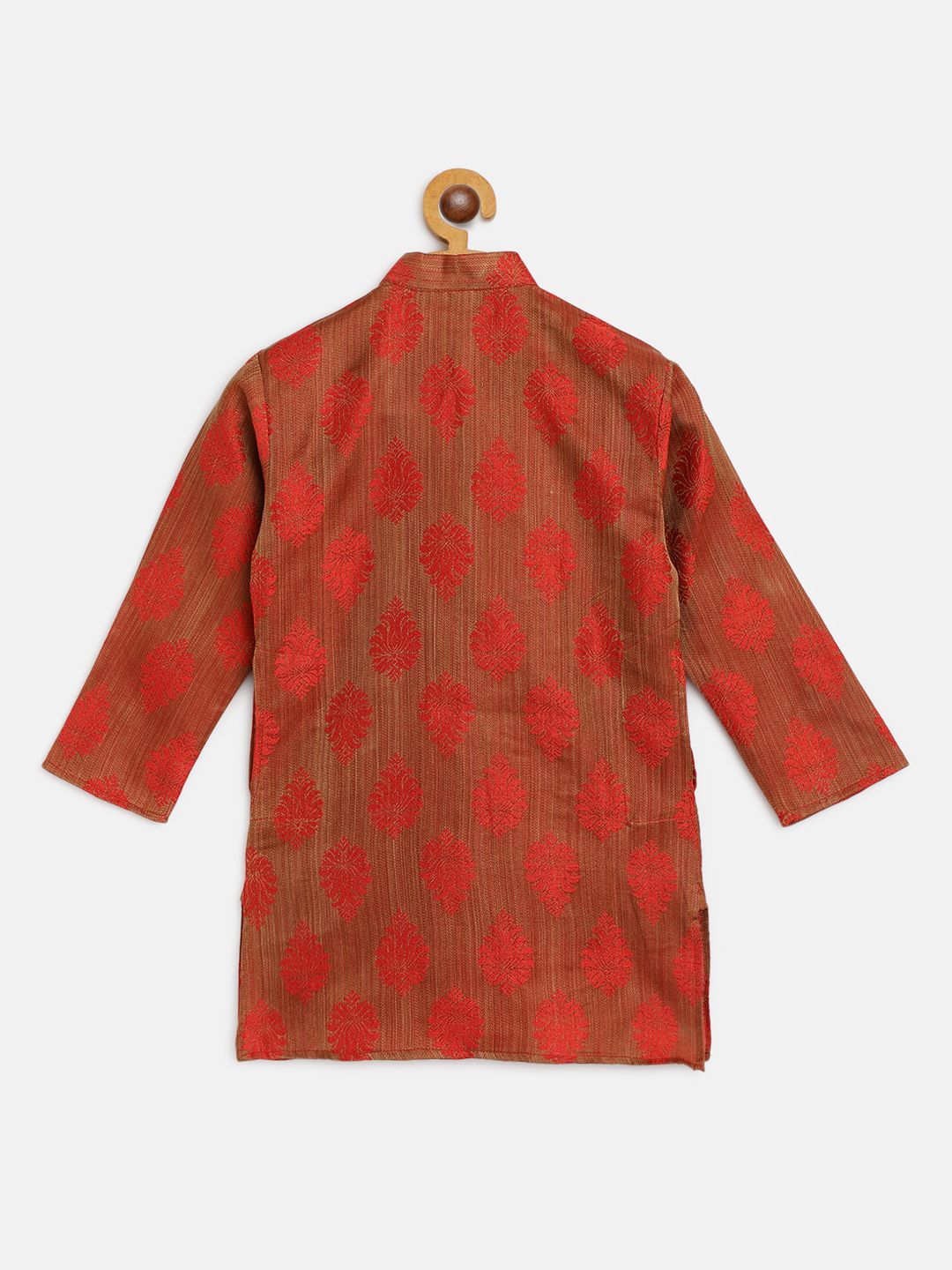 SOJANYA Lelaki Karat Coklat & Merah Rekaan Tenunan Kolar Mandarin Jacquard Kurta Lurus