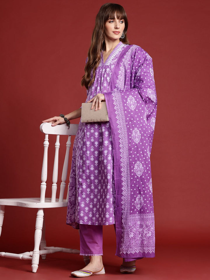 Indo Era Floral Printed Pleated Pure Cotton Kurta With Trousers & Dupatta