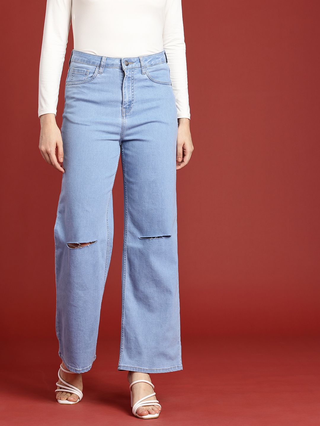 all about you Women Straight Fit High-Rise Slash Knee Stretchable Jeans