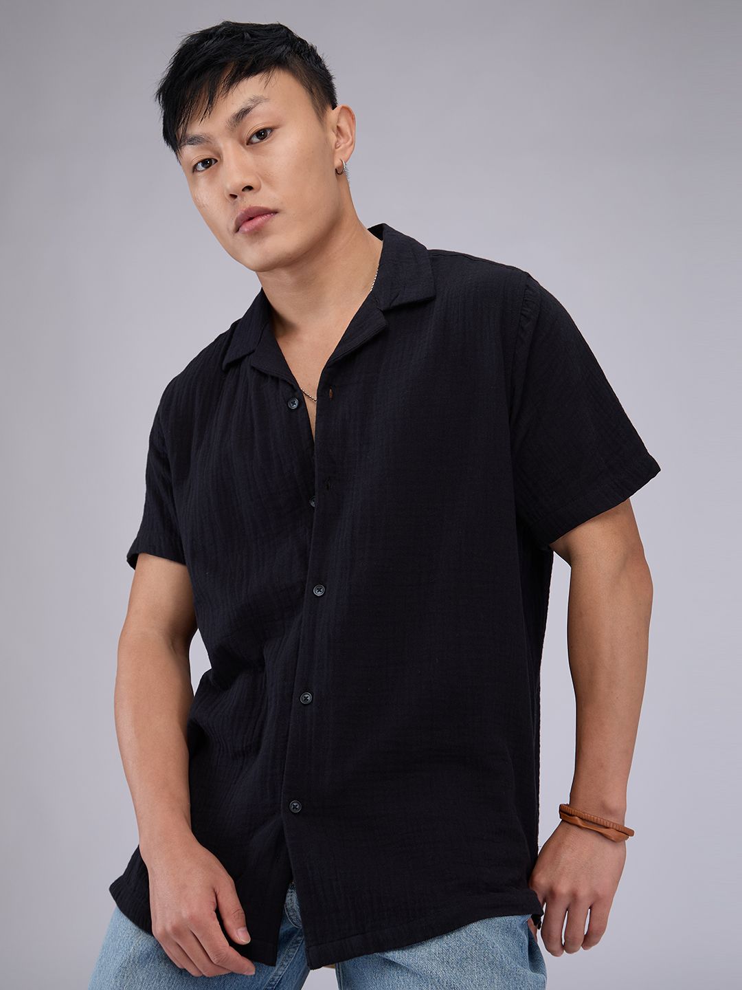 VASTRADO Men Classic Cuban Collar Textured Cotton Relaxed Fit Casual Shirt