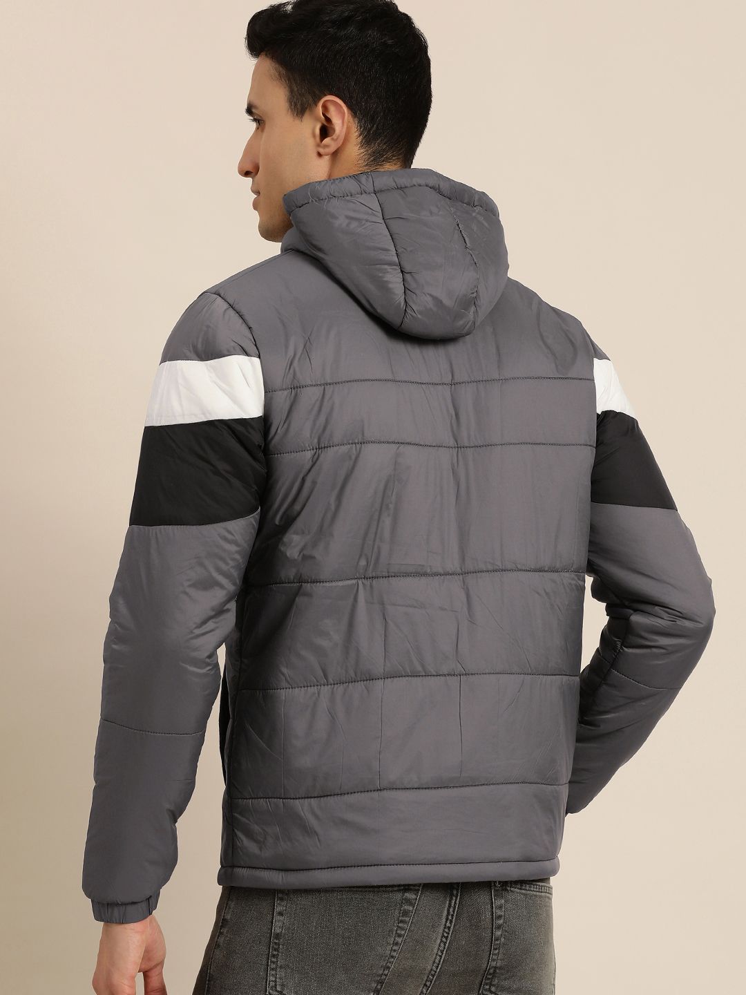 Being Human Men Grey Striped Hooded Padded Jacket with Brand Logo Detail