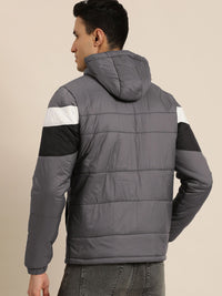 Being Human Men Grey Striped Hooded Padded Jacket with Brand Logo Detail