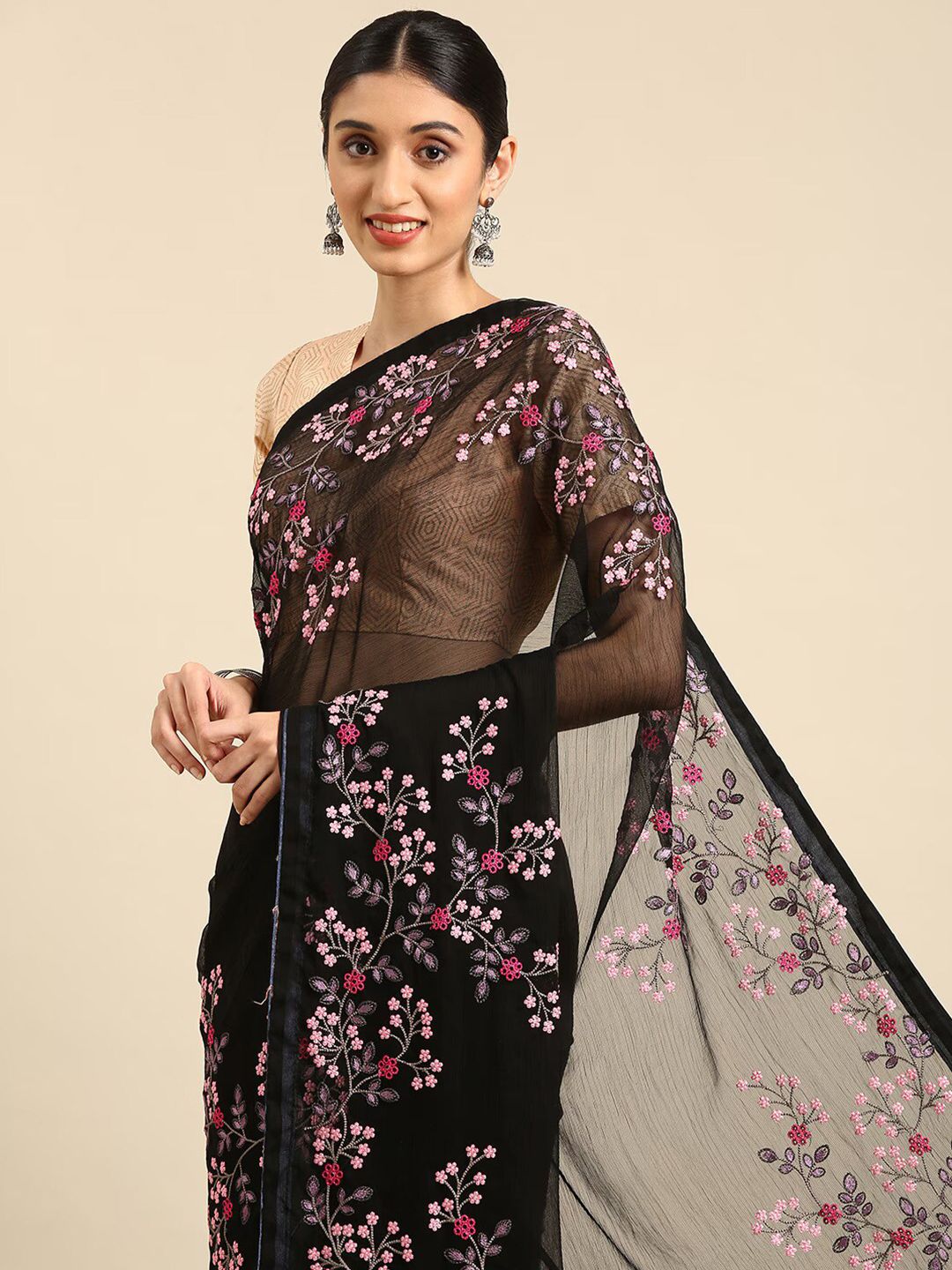 KALINI Floral Embroidered Pure Chiffon Saree