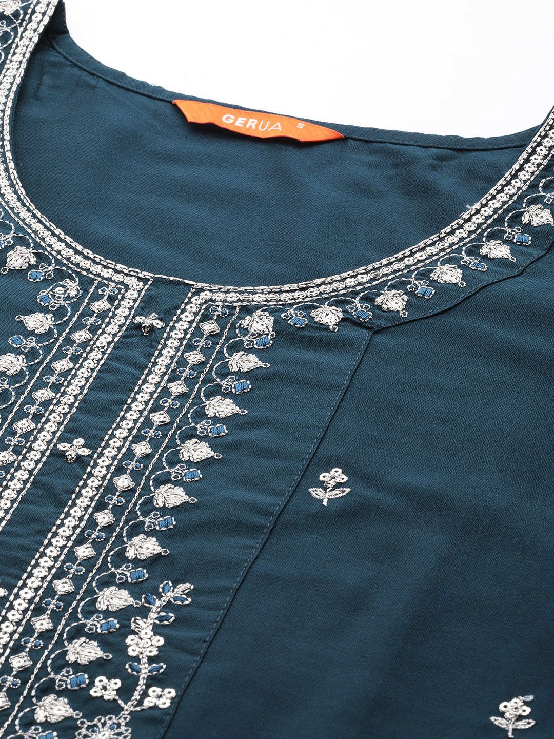 Gerua By Libas Women Blue Floral Embroidered Regular Sequinned Kurta with Trousers  With Dupatta