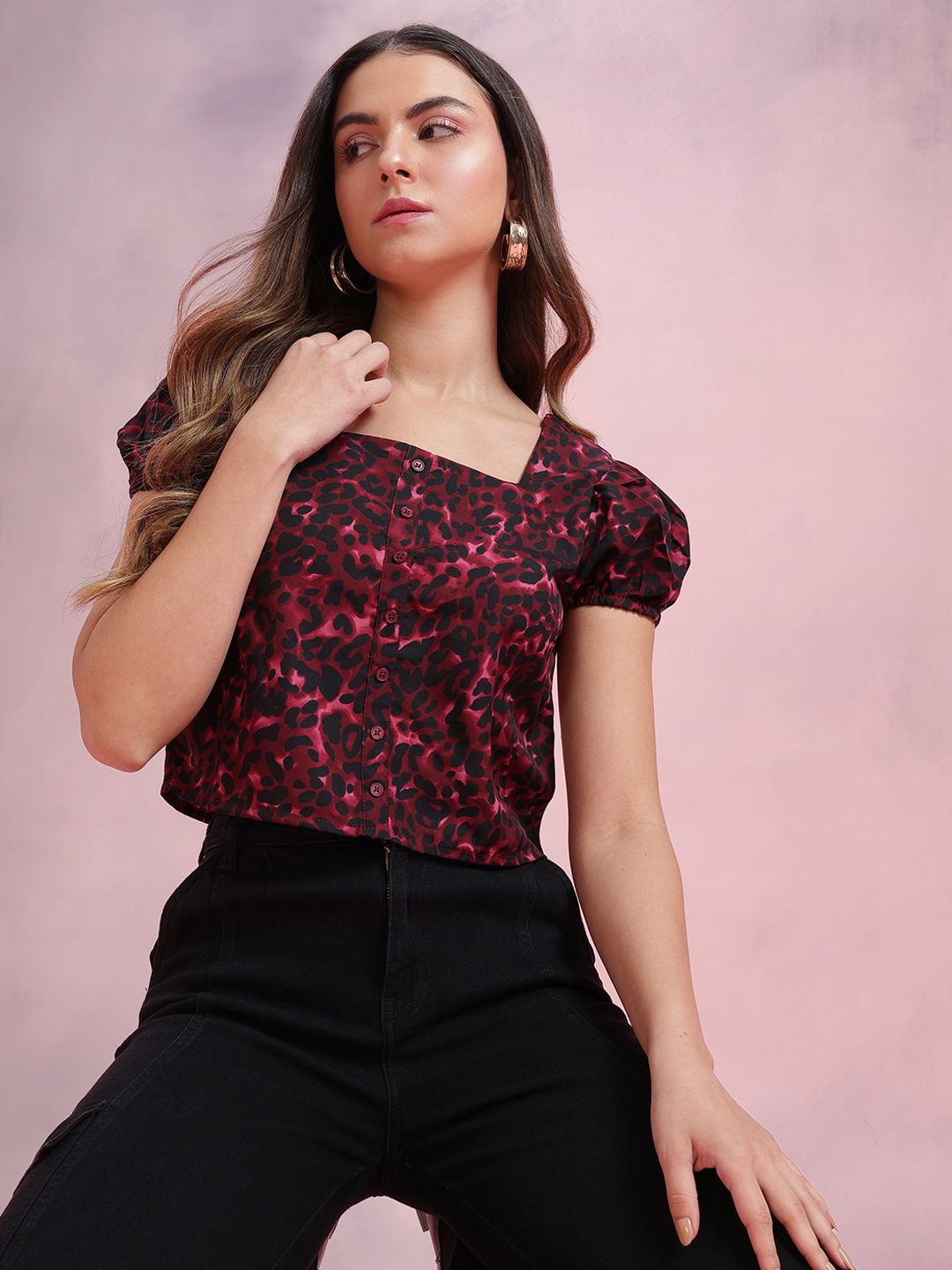 DressBerry Animal Print Puff Sleeve Top