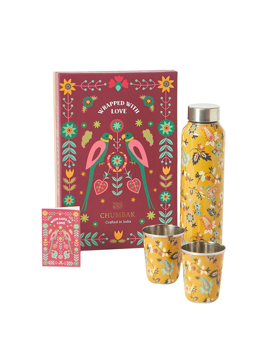 Chumbak Pixel Yellow & Blue 3 Pieces Printed Stainless Steel Drinkware Gift Set - 180 ml