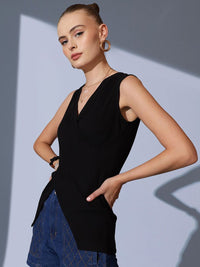 STREET 9 Solid V-Neck Sleeveless Wrap Top