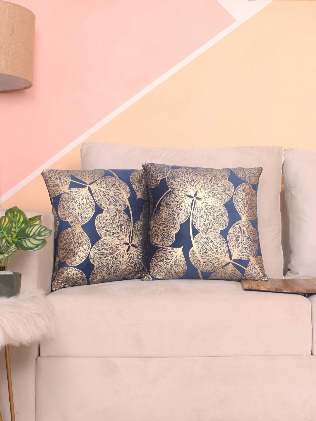 STITCHNEST Blue & Gold-Toned 5 Pieces Floral Velvet Square Cushion Covers