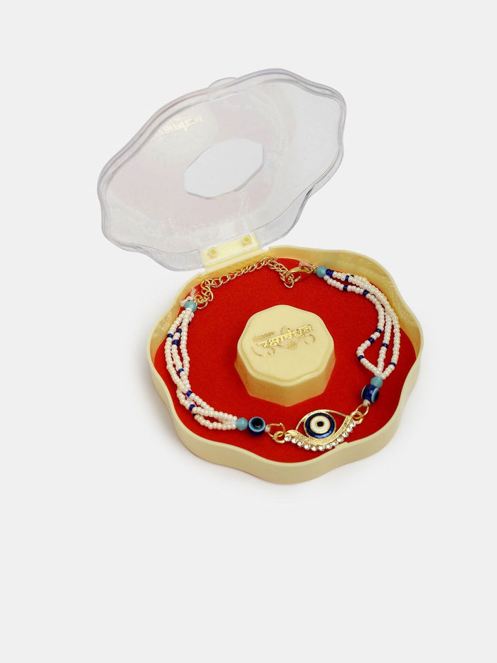 NVR Set of 2 Evil Eye Beaded Thread & Wraparound Rakhis With Roli Chawal