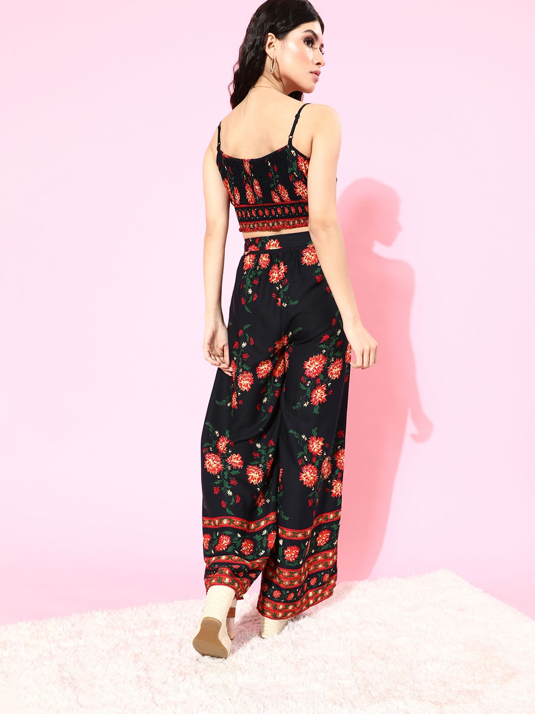 Berrylush Women Deep Navy Blue Printed Top with Trousers